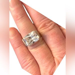 Large sterling silver 925 rhodium plt fancy CZ lg stone glass ring